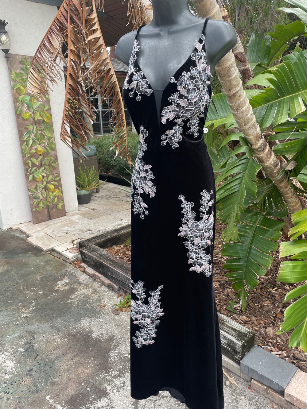 xscape black velvet maxi with silver floral embroidery